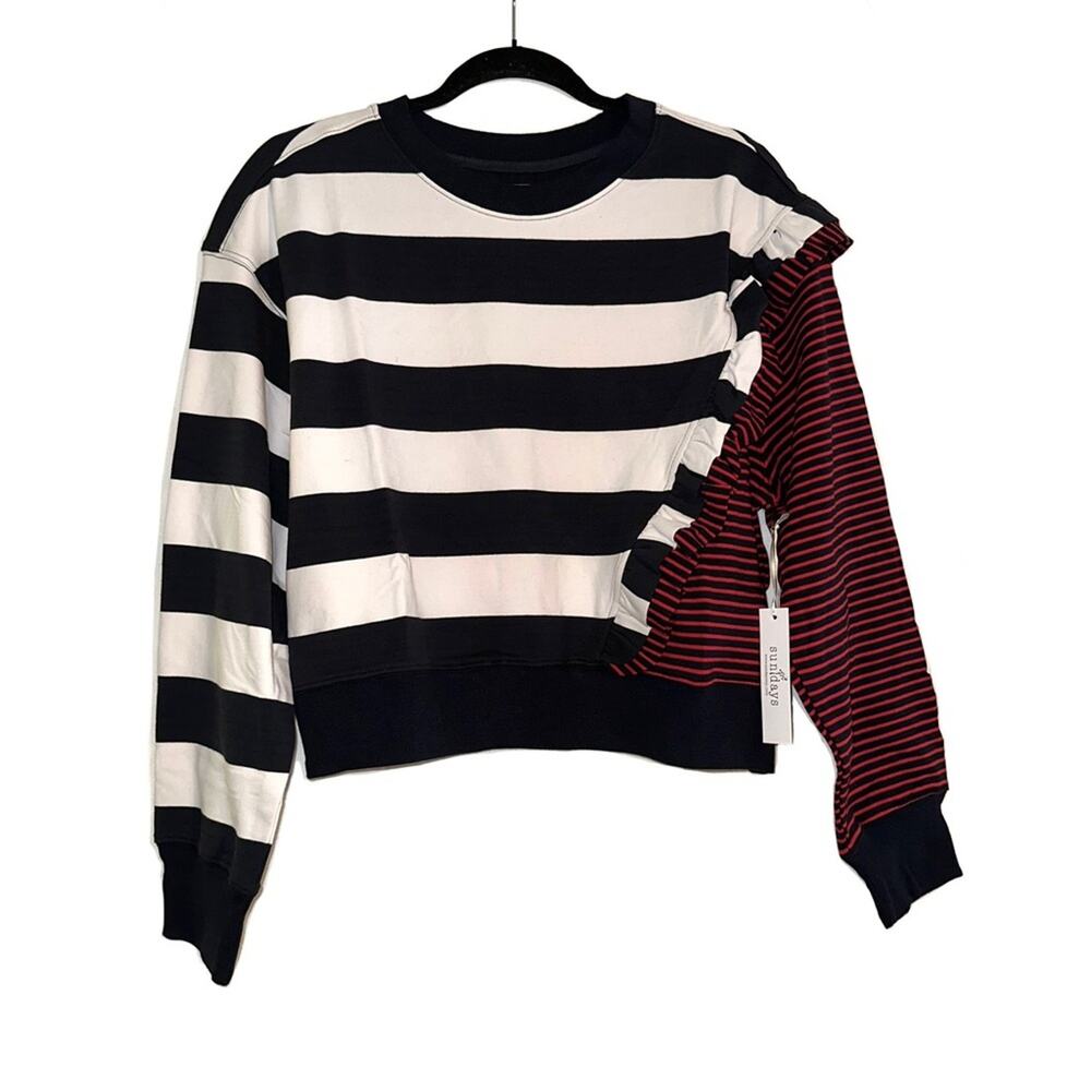 NWT Sundays NYC Mix Stripe Ruffle Crewneck Oversized Sweater